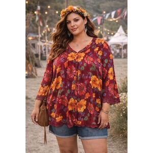 Denim 24/7 Women 16W Floral Boho Tunic Top Burgundy Red Pintuck Eyelet Lace Trim
